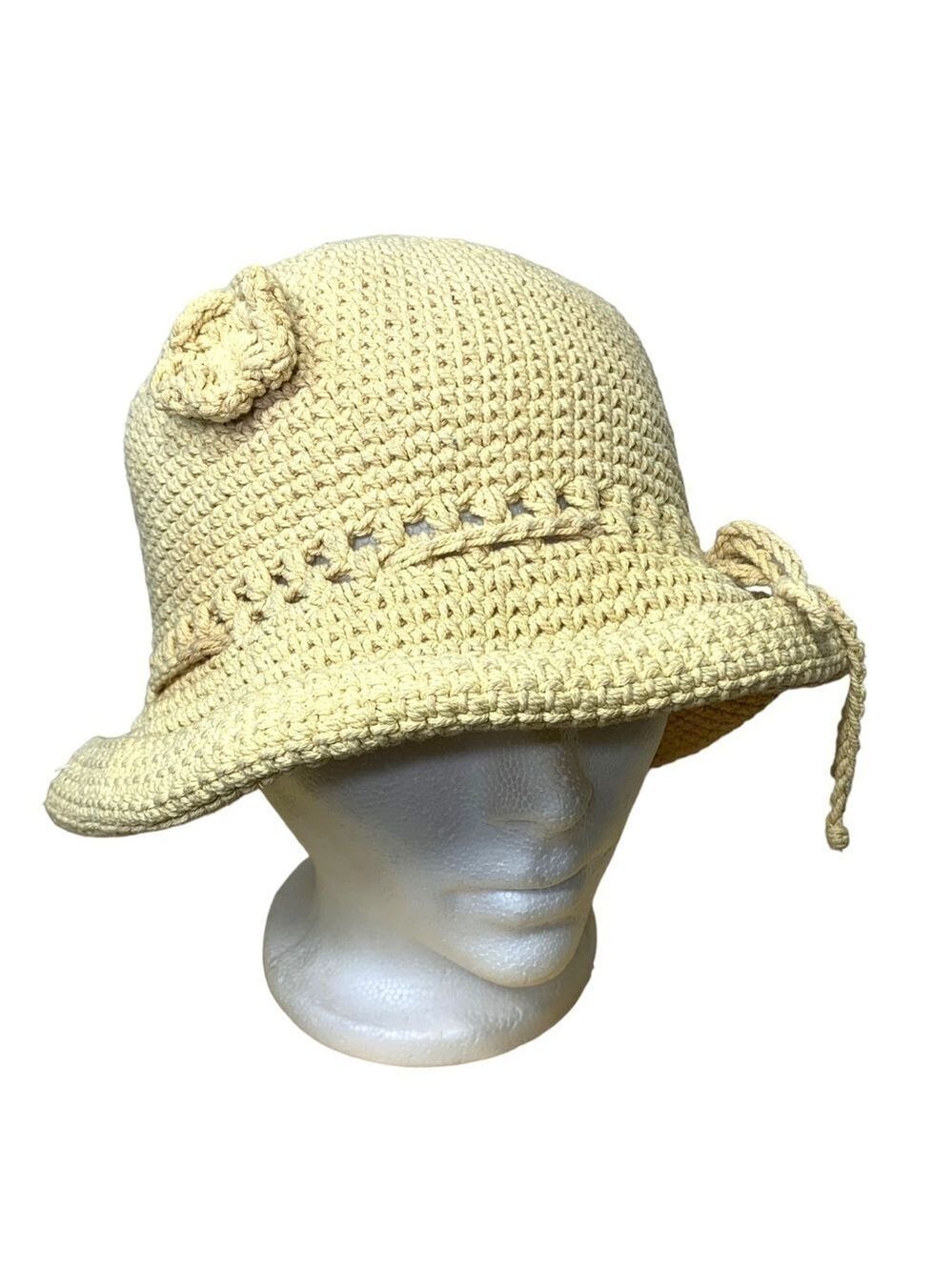 HEADS Up Vintage Boho Beige Tan Crochet Bucket Hat Cotton Slouchy Peasant O/S